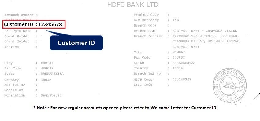 Customer ID Printed on the First Page of HDFC Bank Passbook