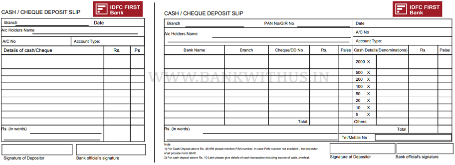 IDFC First Bank Cash Deposit Slip