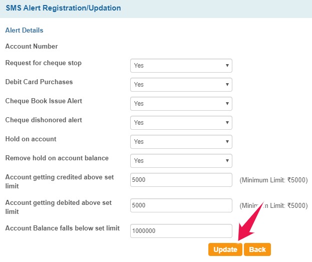 Select the SMS Alerts Preference and Click on Update