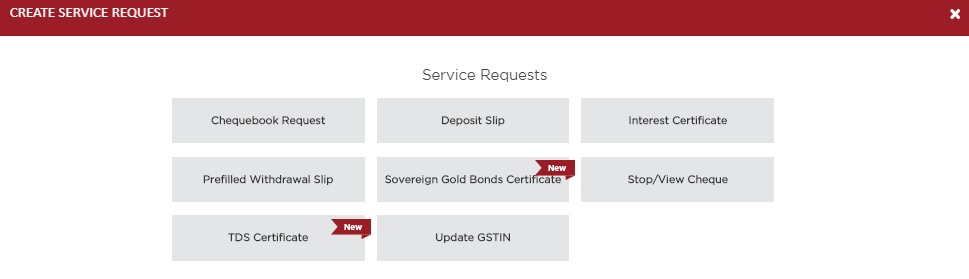 Service Requests Section of IDFC First Bank Internet Banking