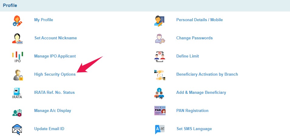 Click on High Security Options in SBI Online