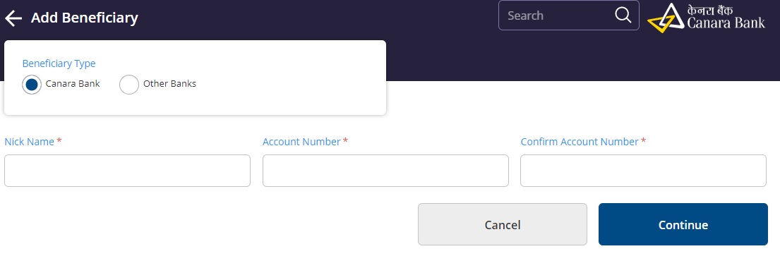 Details Required to Add Intrabank Beneficiary Account in Canara Bank Internet Banking.