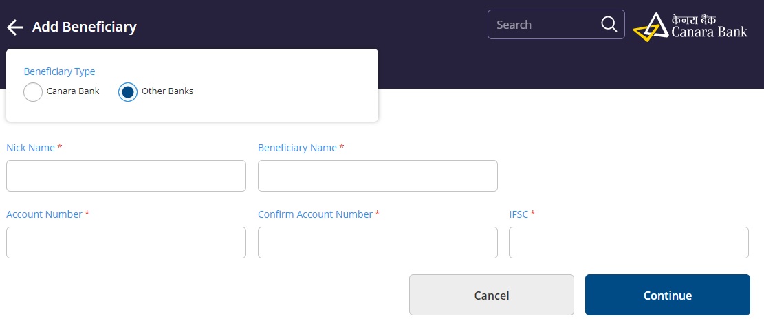 Details Required to Add Other Bank Beneficiary Account.