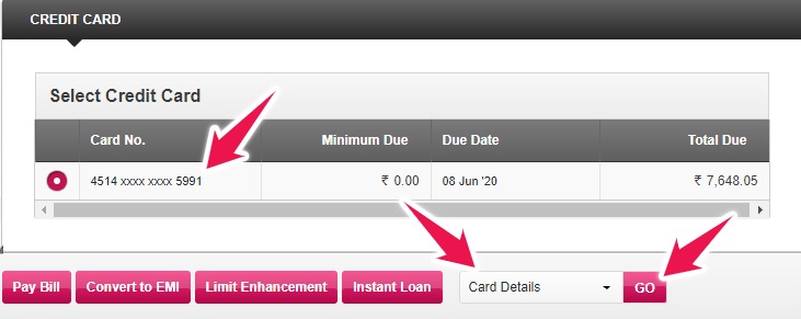 Select Credit Card → Choose Card Details → Click on Go