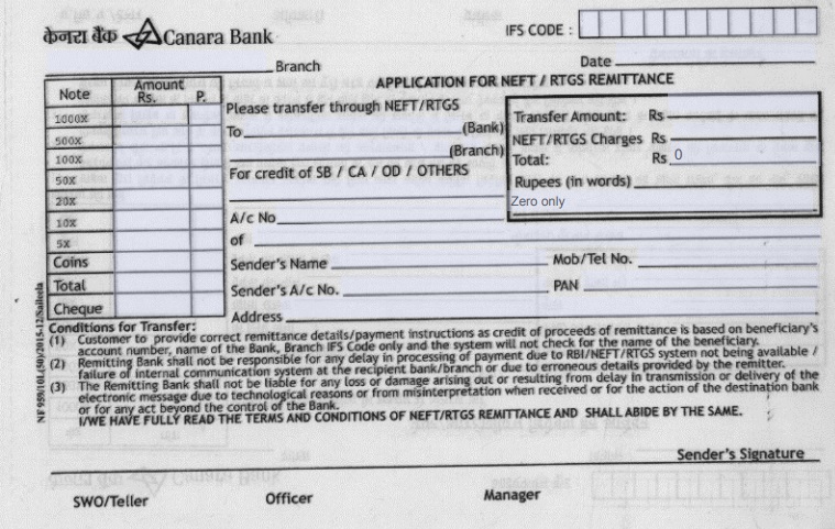 Right Section of Canara Bank NEFT or RTGS Application Form