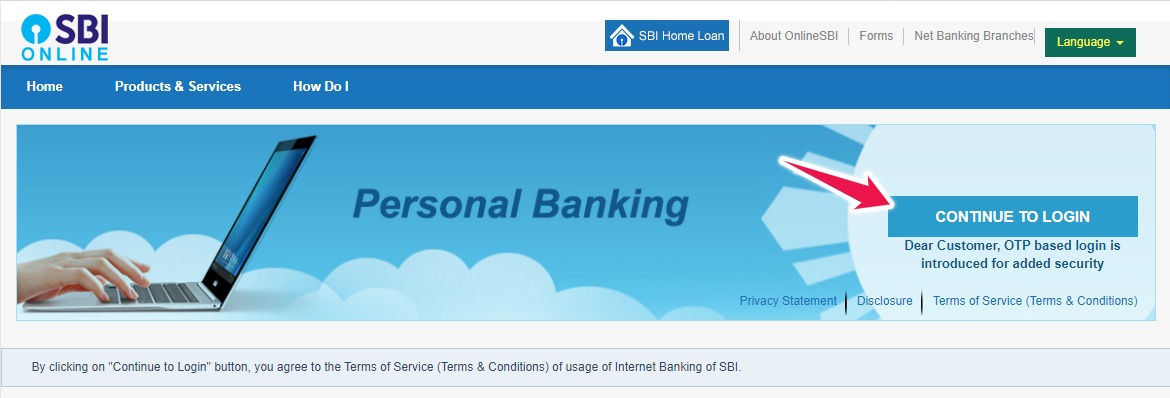Click on Continue to Login button on SBI Online