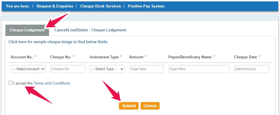 Select Account Number, Enter Cheque Details, and Click on the "Submit" button