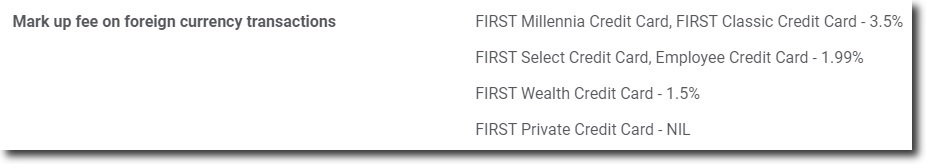 Screenshot with the details of Forex Charges applicable on different credit cards of IDFC FIRST Bank