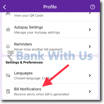 Image Explaining Where "Bill Notifications" option can be found in PhonePe app