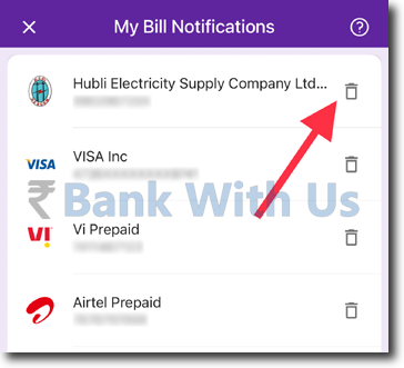 Image Explaining the Placement of "Delete" icon in front of the bill notifications