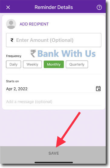 This image explains how the details of the reminder can be entered and then saved in the PhonePe app