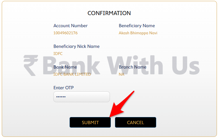 SBM Beneficiary Addition Confirmation Page
