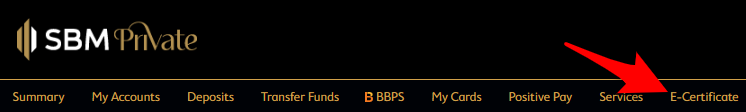 Screenshot of SBM Bank Internet Banking dashboard showing the location of the 'E-Certificate' option for downloading interest certificates