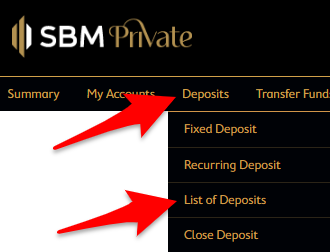 Screenshot of accessing "List of Deposits" option under "Deposits" menu in SBM Bank Internet Banking