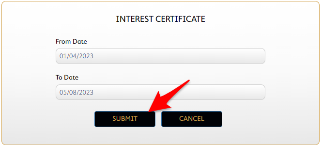 Selecting date range and submitting for interest certificate download in SBM Bank Internet Banking dashboard.