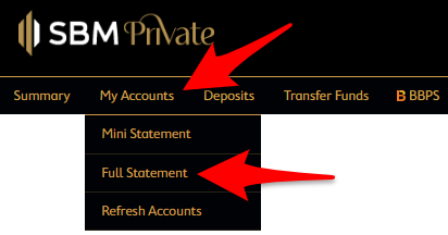 Screenshot of SBM Bank Internet Banking Dashboard Showing 'Full Statement' Option